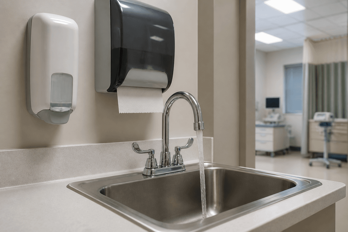Clinical sink with soap dispenser and running water for hand hygiene.