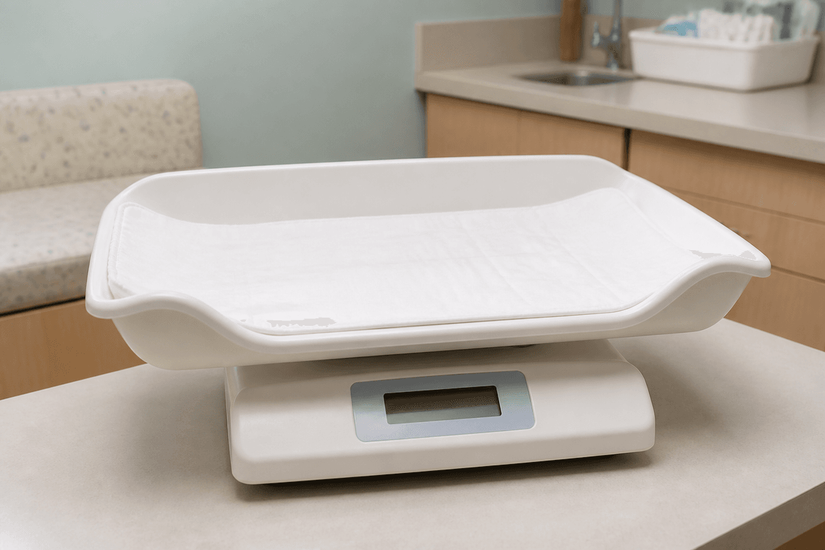 Empty infant scale with soft pad in a clinic setting.
