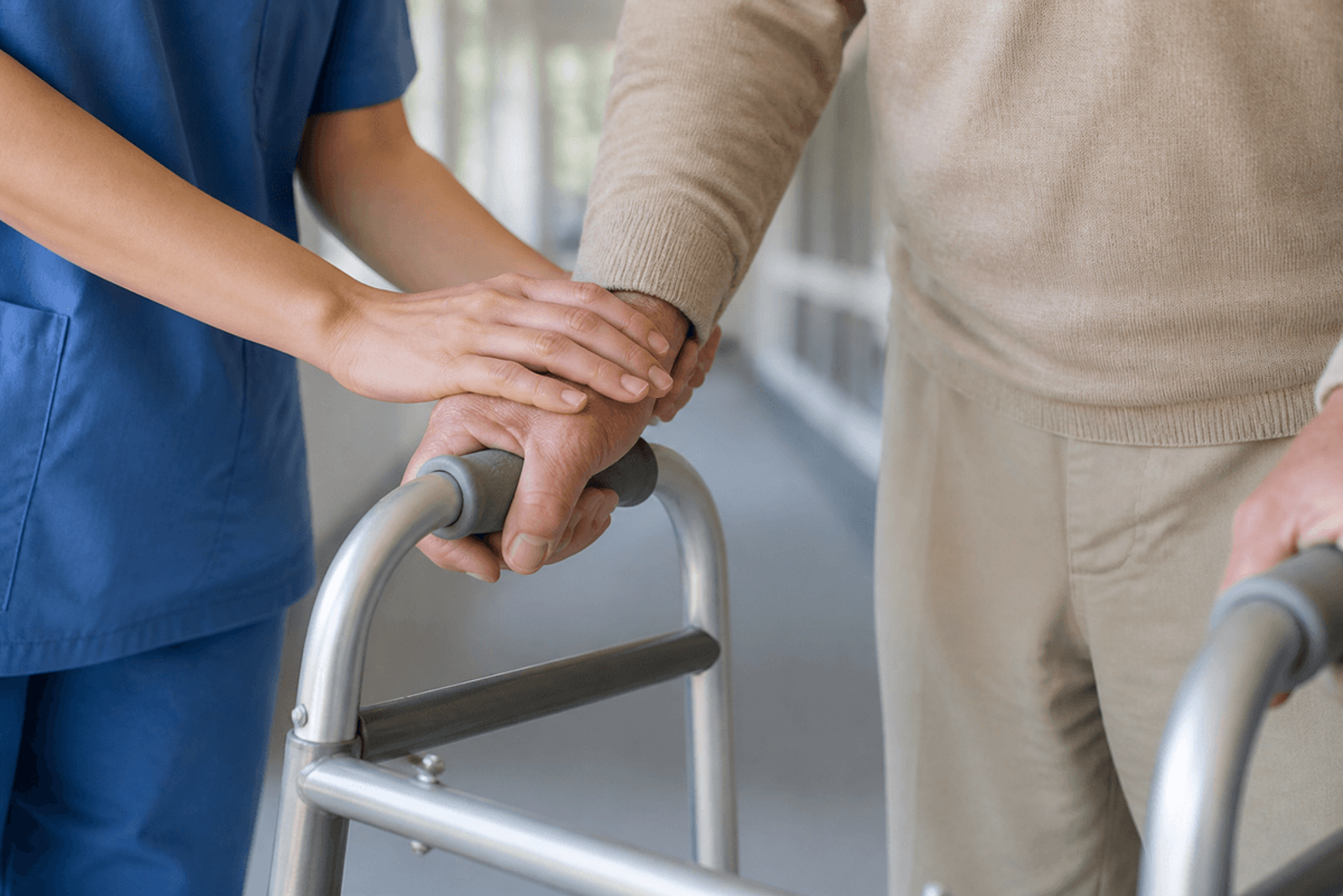 Caregiver hands steadying an older adult's hands on a walker grip during ambulation practice.