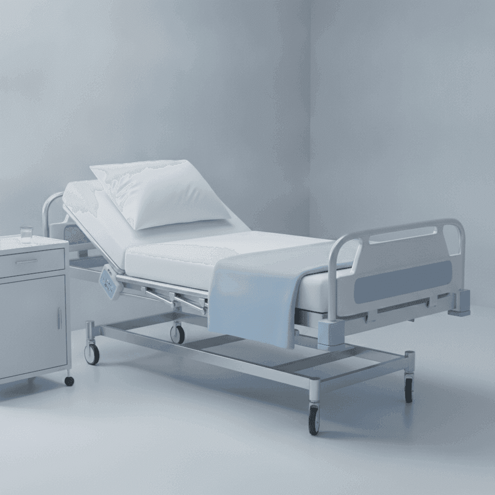 Hospital bed elevated about thirty degrees with pillows keeping the neck midline.