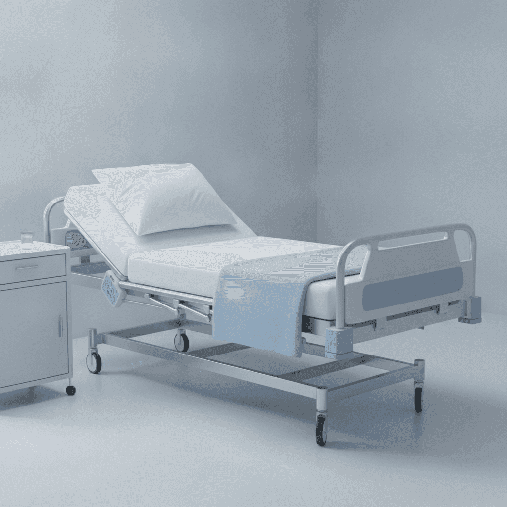 Hospital bed elevated about thirty degrees with pillows keeping the neck midline.