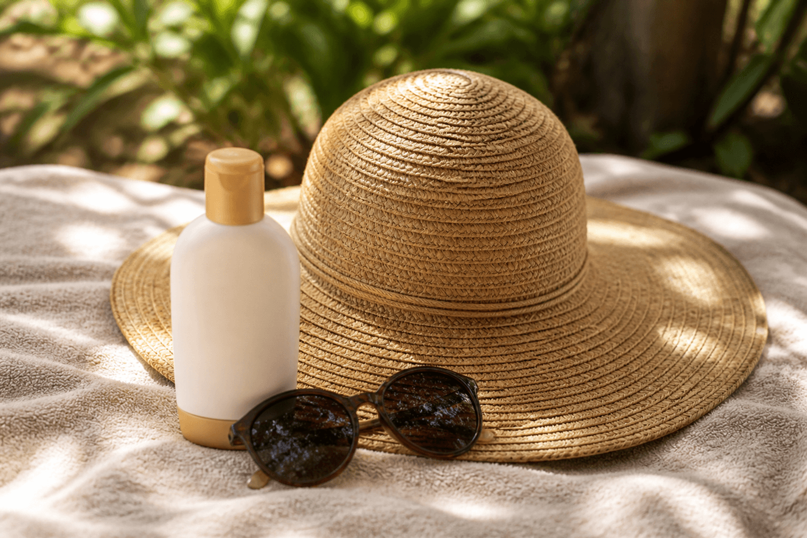 Sun hat, blank sunscreen bottle, and sunglasses on a towel outdoors.