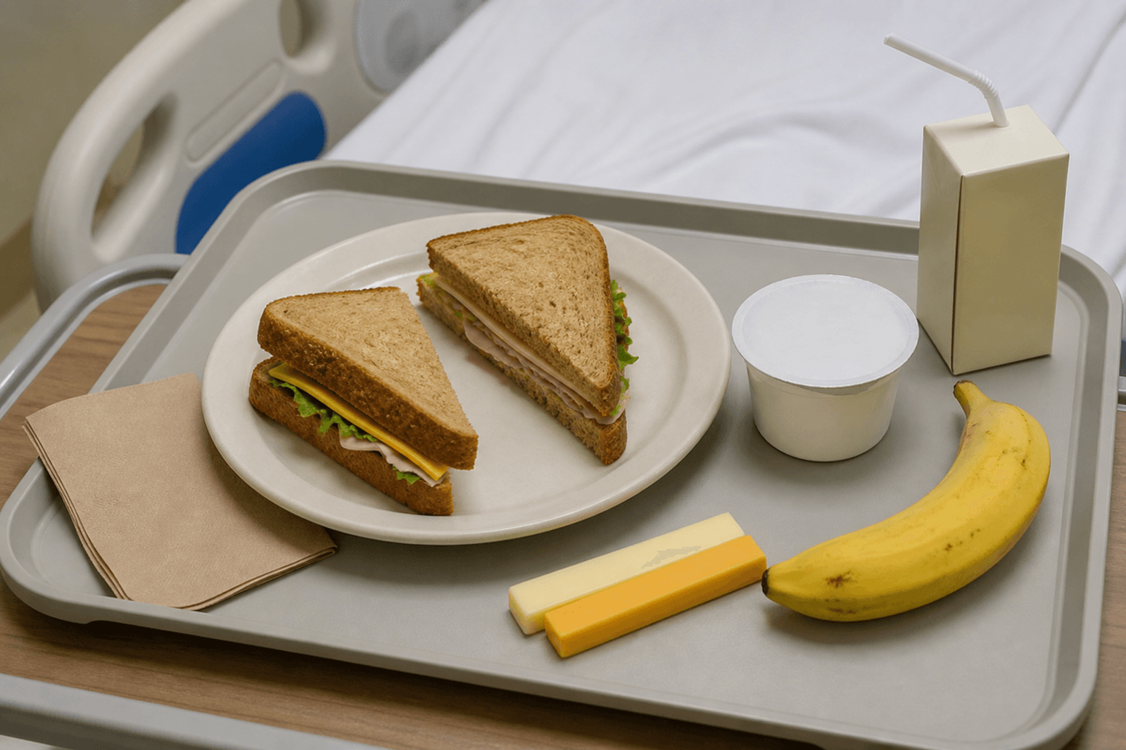 Meal tray with sandwich halves, cheese, yogurt, banana, and juice suitable as finger foods.