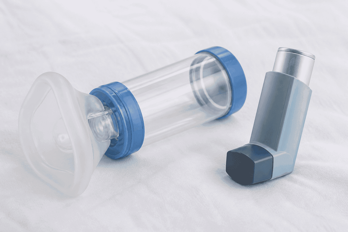 Metered-dose inhaler and spacer chamber on white linen.
