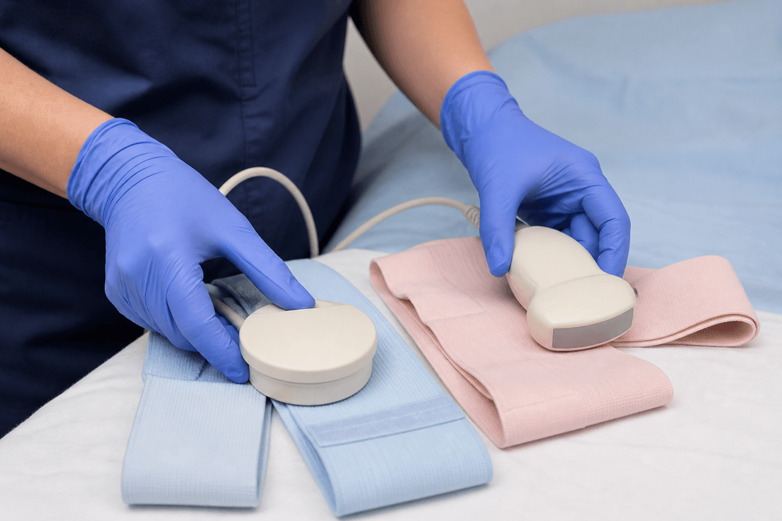 Gloved hands preparing external fetal monitoring transducers and soft belts.