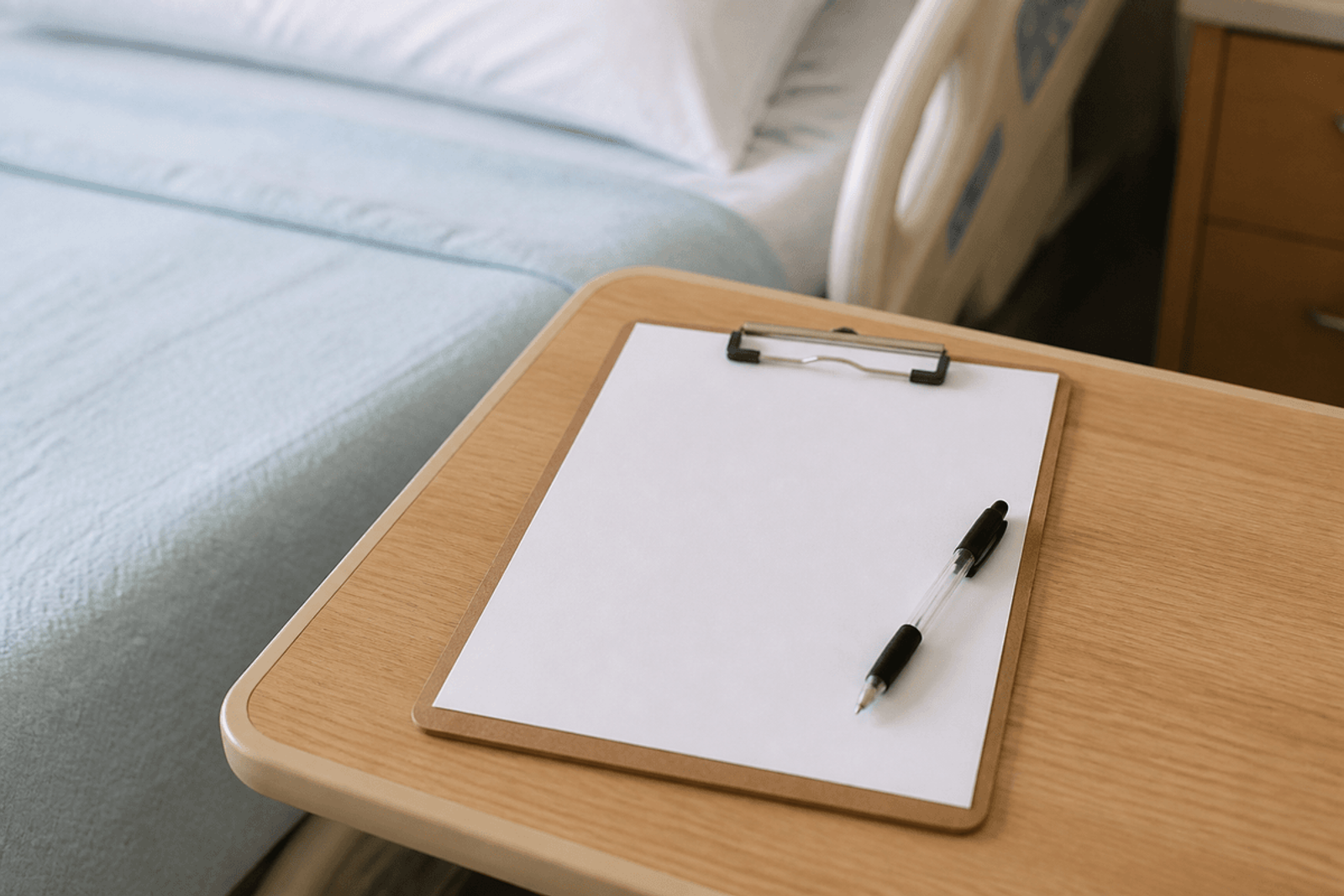 Clipboard with blank paper and a pen on a hospital bedside table.