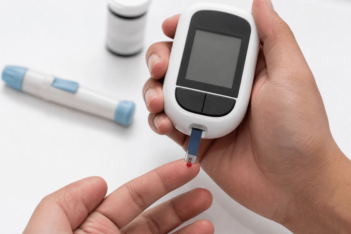 Fingerstick glucose check: test strip wicking a capillary drop into a point-of-care glucometer.