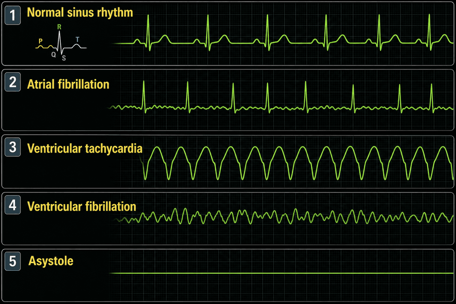 Five labeled ECG teaching panels: normal sinus rhythm, atrial fibrillation, ventricular tachycardia, ventricular fibrillation, and asystole.