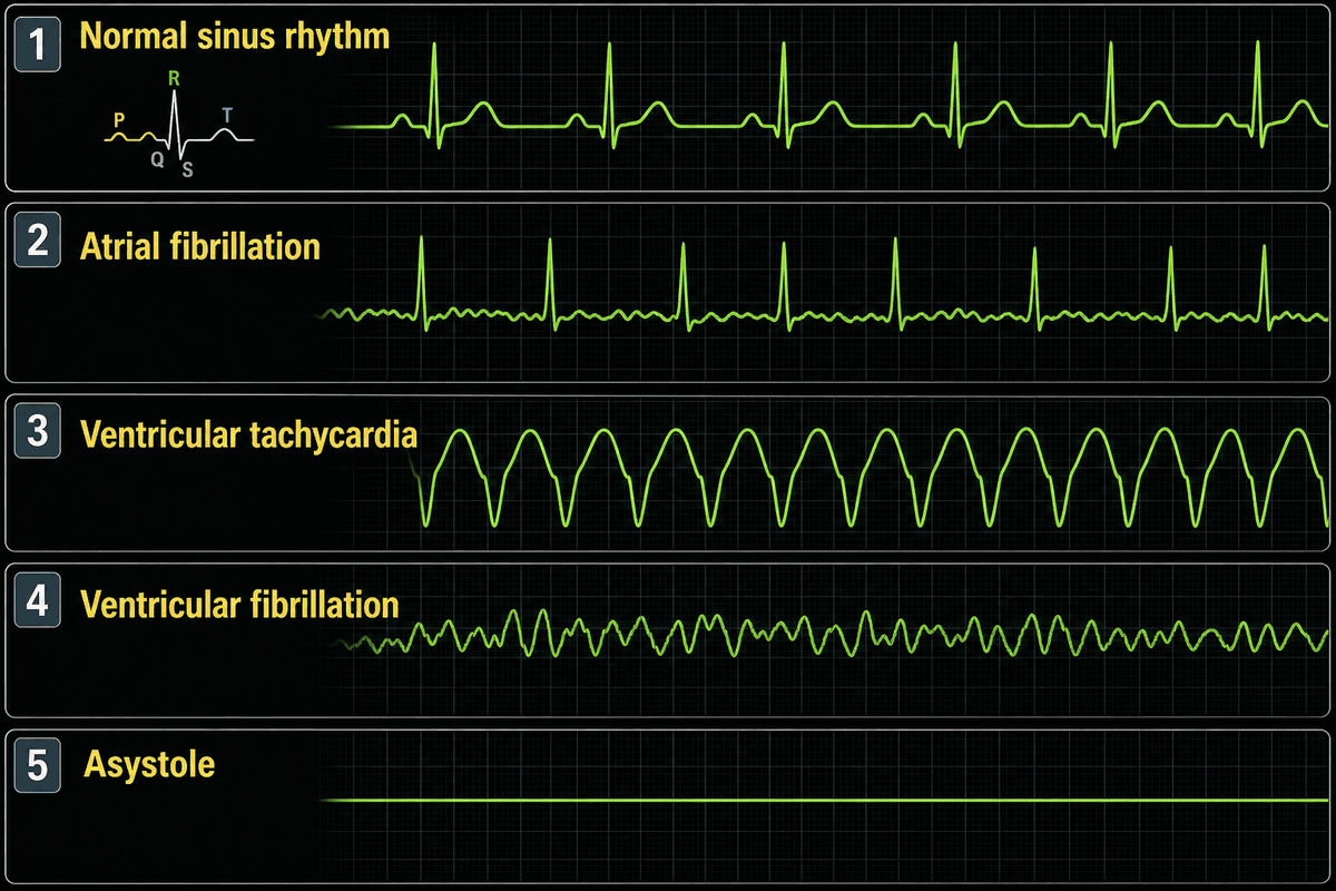 Five labeled ECG teaching panels: normal sinus rhythm, atrial fibrillation, ventricular tachycardia, ventricular fibrillation, and asystole.
