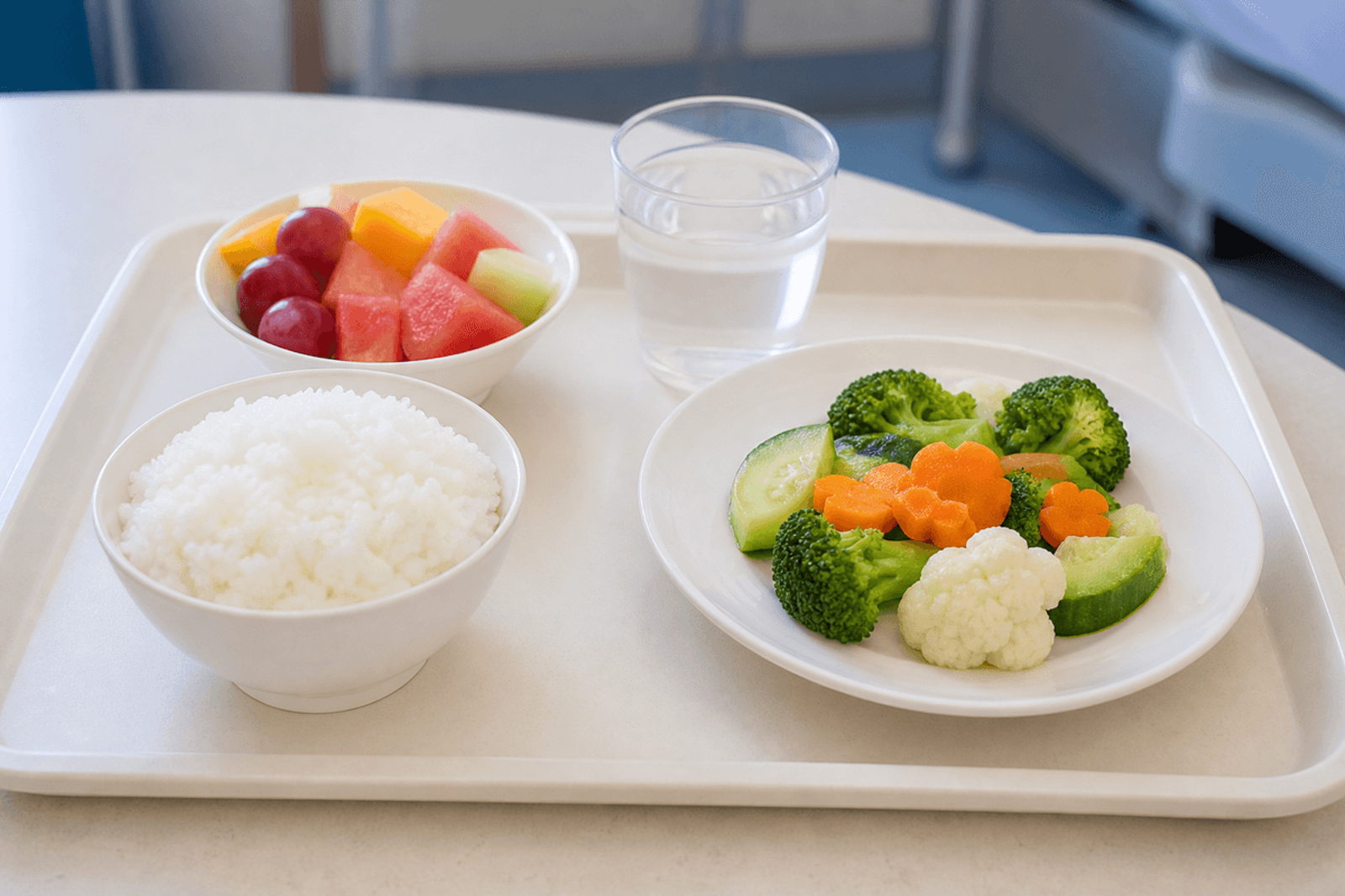 Simple pediatric meal tray with fruit, rice, vegetables, and water.