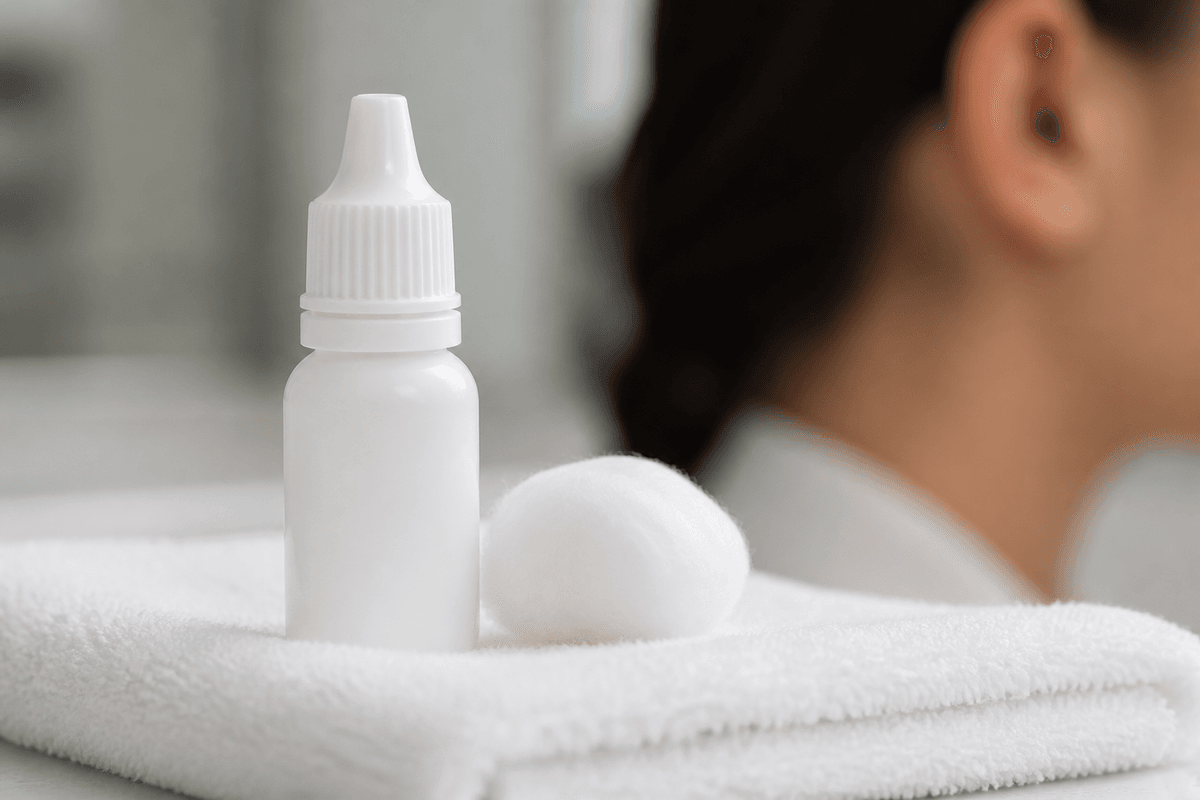 Unmarked otic drop bottle and soft cotton ball on a clean towel.