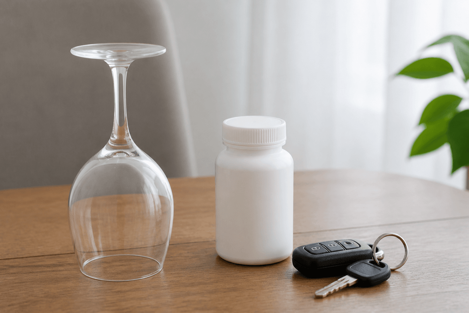 Upside-down empty wine glass beside a blank medication bottle and car keys.
