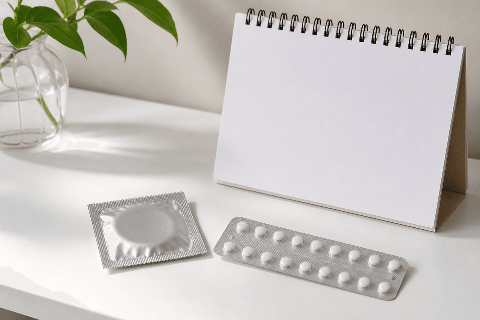 Unmarked condom wrapper, blank pill blister pack, and blank calendar on a table.