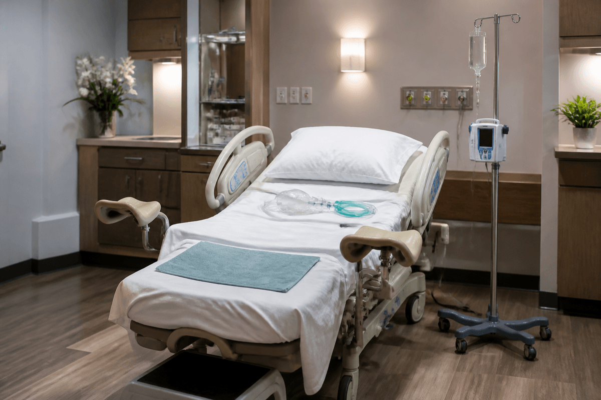 Labor bed with oxygen equipment and IV pole staged for emergency readiness.