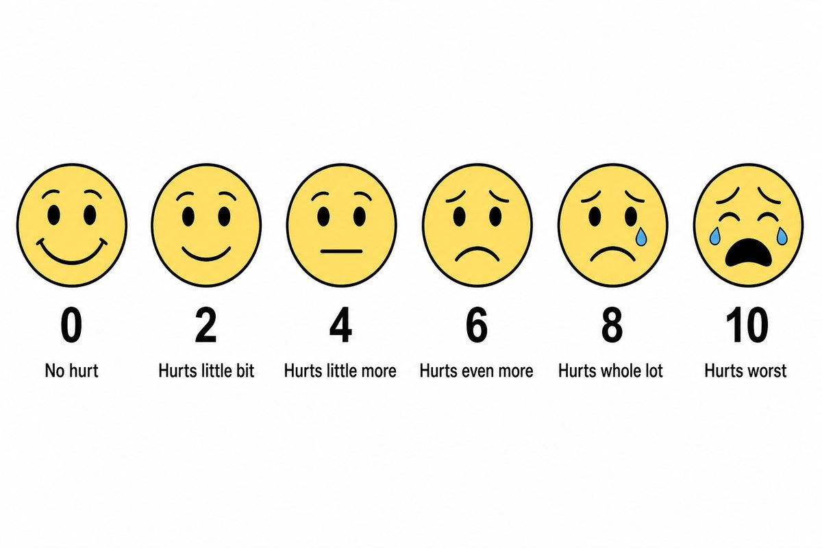 Six-face pain rating scale from smile to crying, scored 0, 2, 4, 6, 8, and 10 with short hurt descriptors under each face.