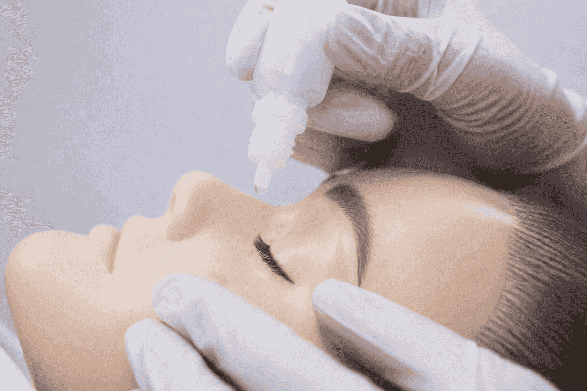 Gloved hands positioning an unmarked drop bottle above a closed eye for teaching technique.