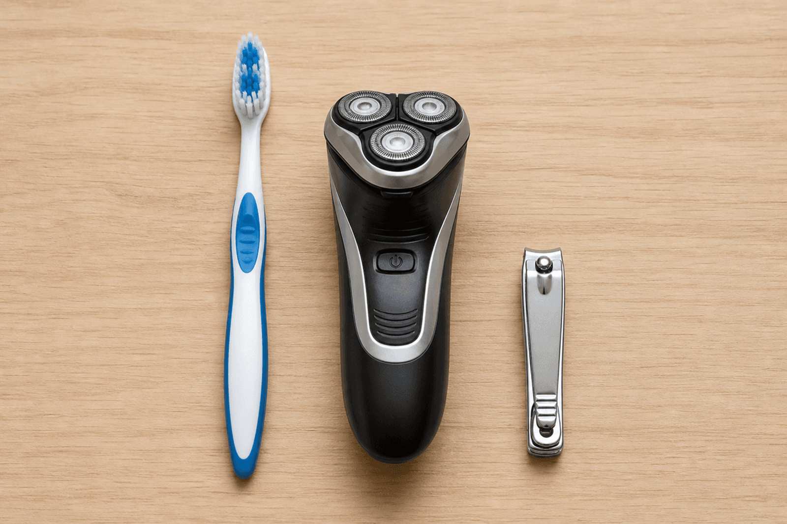 Soft toothbrush, electric razor, and blunt nail clippers on a light wood surface.