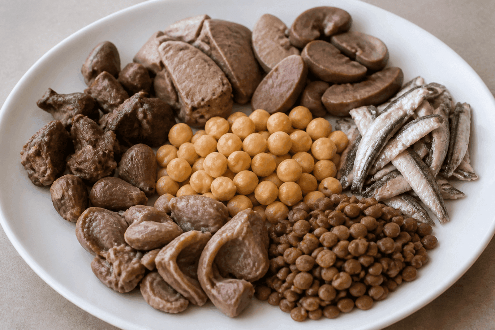 Plate with meats and legumes representing higher-purine foods often limited in gout teaching.