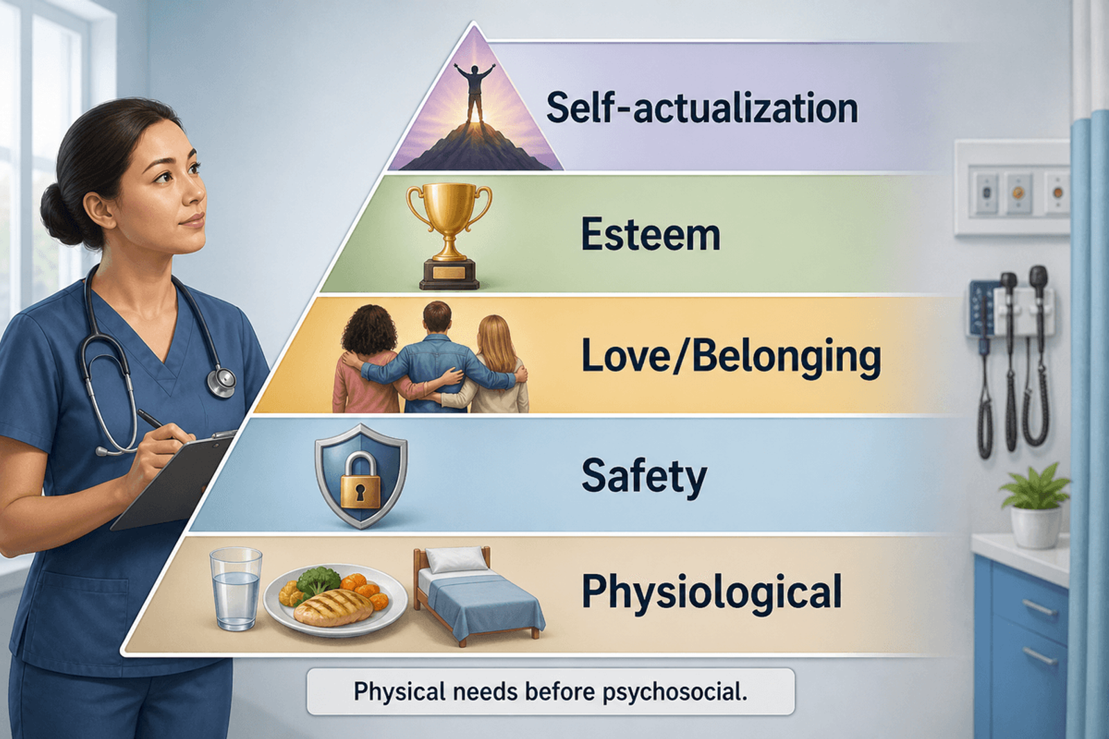 Five-level Maslow hierarchy pyramid labeled Physiological, Safety, Love/Belonging, Esteem, and Self-actualization.
