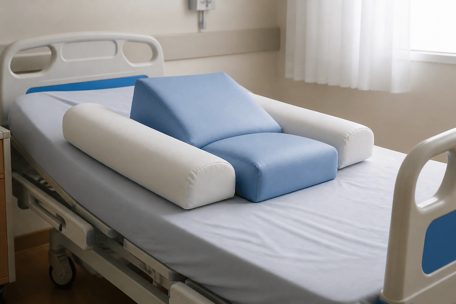 Hospital bed arranged with bolster pillows to offload the sacral area.