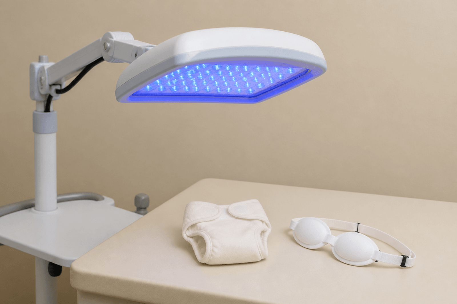 Phototherapy lamp with blue light over a pad, with neonatal eye shields and a small diaper laid out.