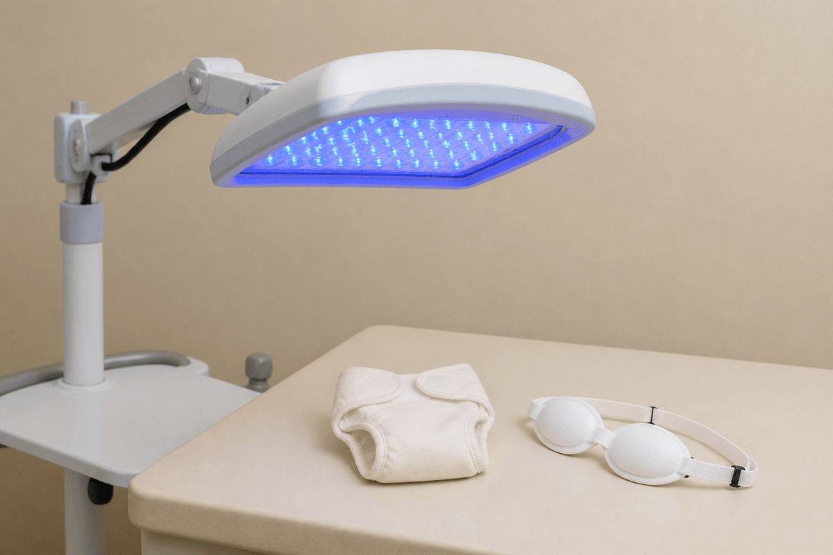 Phototherapy lamp with blue light over a pad, with neonatal eye shields and a small diaper laid out.
