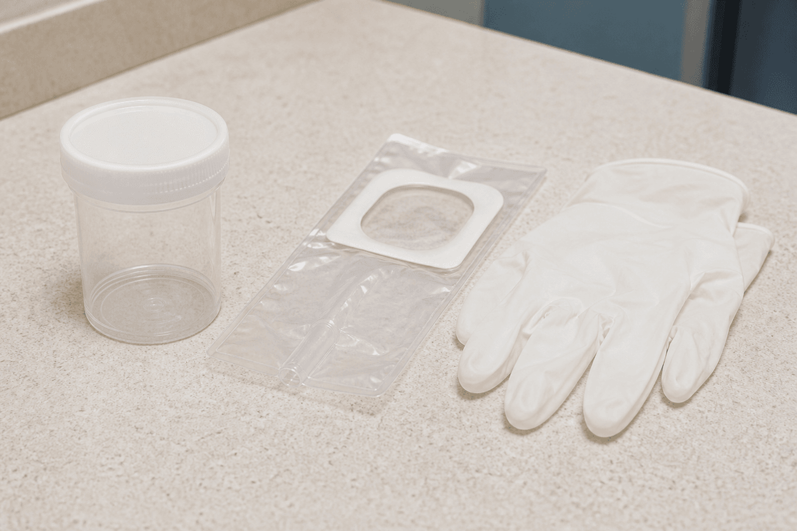 Specimen cup, pediatric urine bag, and gloves on a clinic counter.