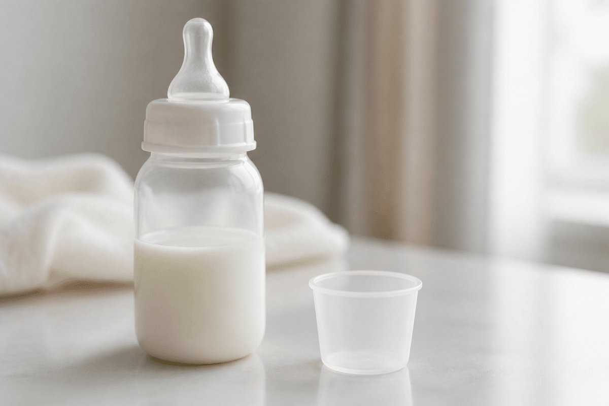 Infant bottle with slow-flow nipple and small medicine cup.