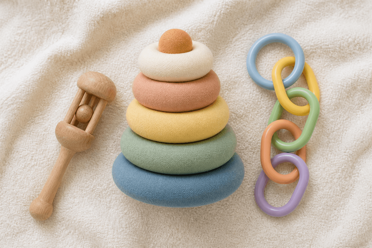 Wooden rattle, soft stacking rings, and large plastic links on a cream blanket.