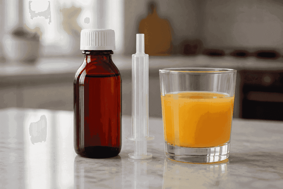 Blank liquid-iron bottle, oral syringe, and small glass of juice on a counter.