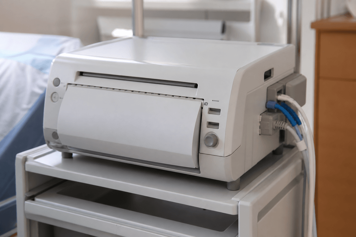 Fetal monitor printer machine on a labor-and-delivery cart.