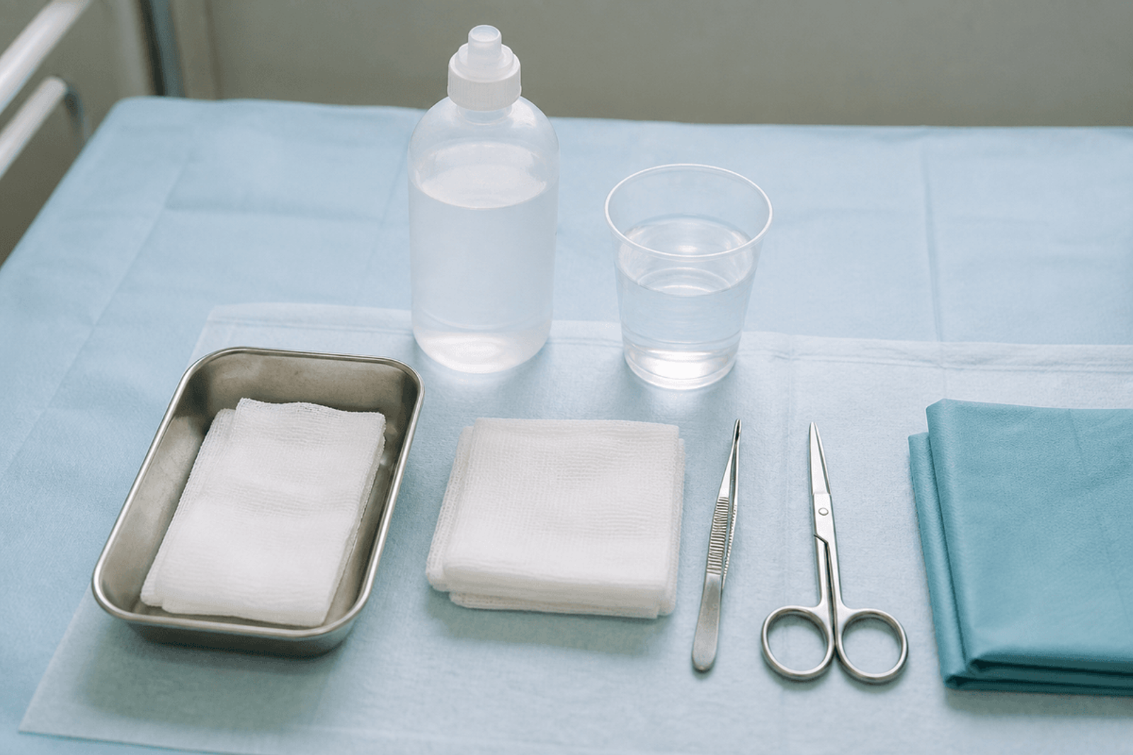 Sterile saline, gauze, tweezers, and scissors on a clean wound-care field.
