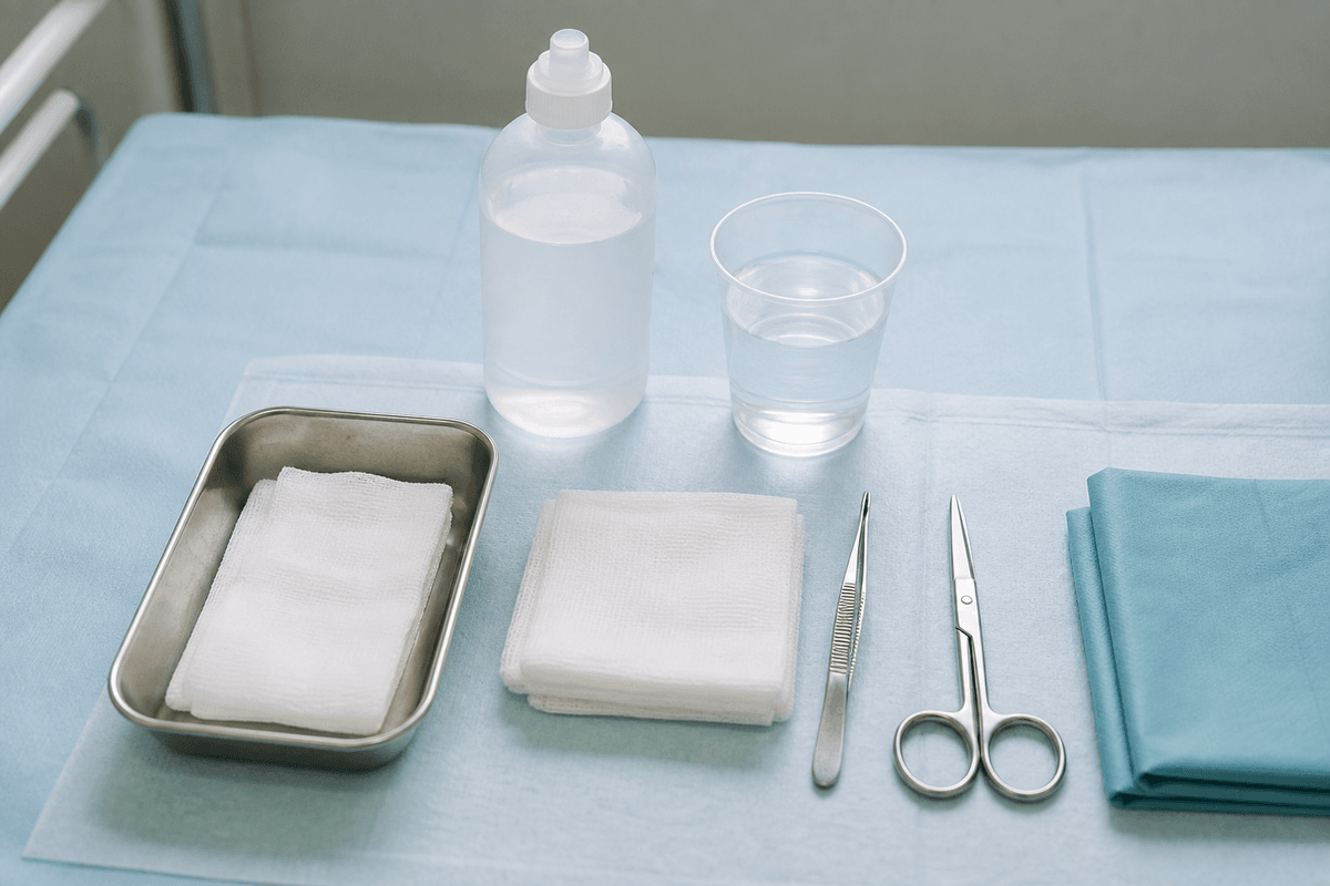 Sterile saline, gauze, tweezers, and scissors on a clean wound-care field.
