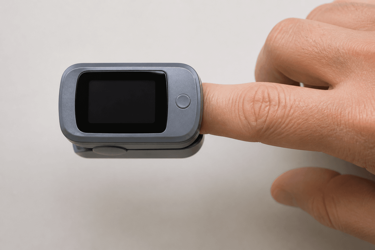 Gray fingertip pulse oximeter clipped on an adult index finger with a blank display.