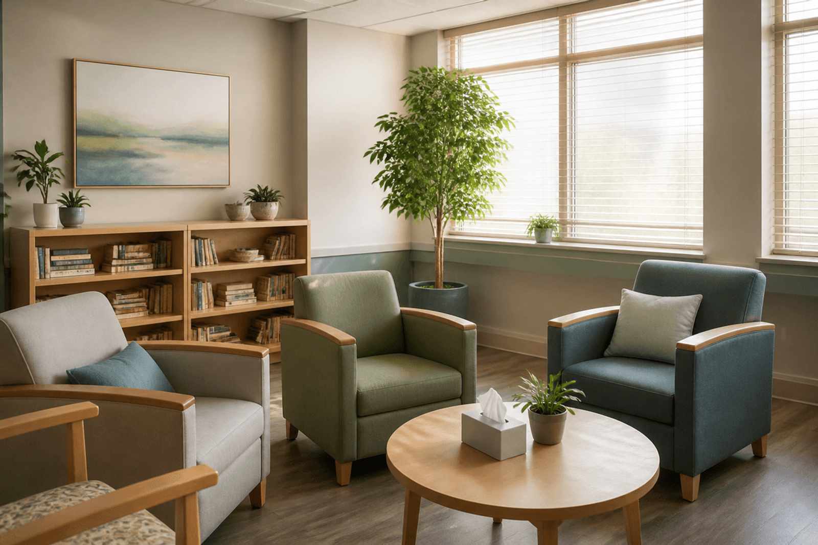 Quiet psychiatric dayroom corner with soft chairs and natural light.