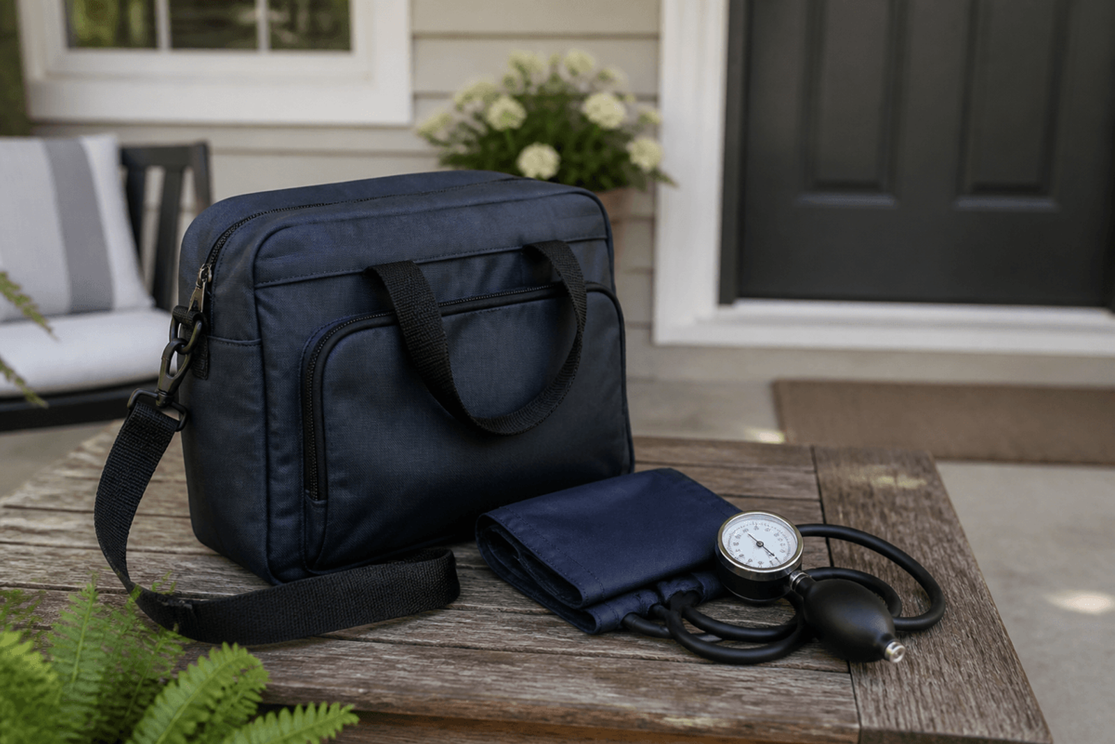 Home health bag and blood pressure cuff on a porch table by a front door.