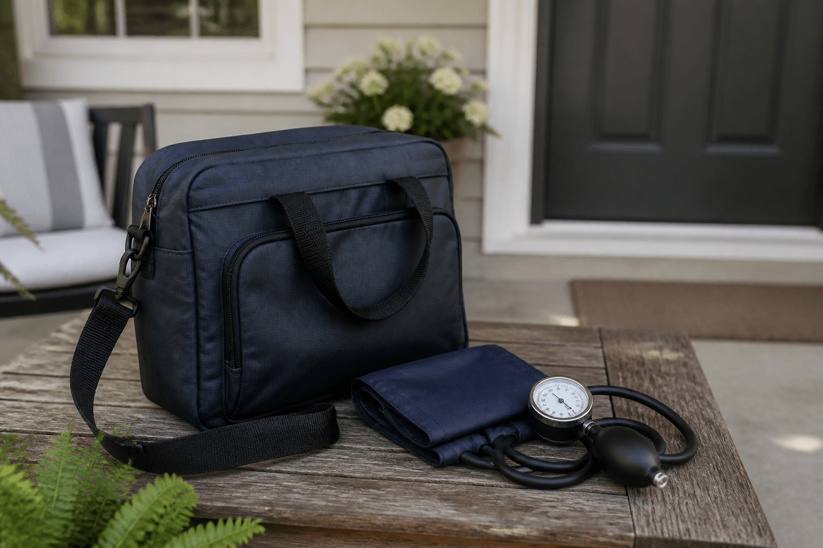 Home health bag and blood pressure cuff on a porch table by a front door.