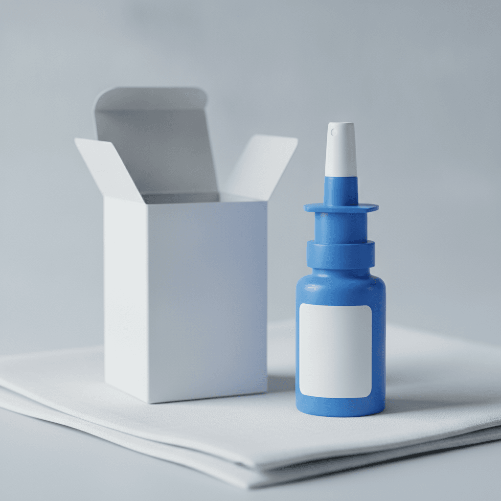 Naloxone nasal spray rescue device on white linen.