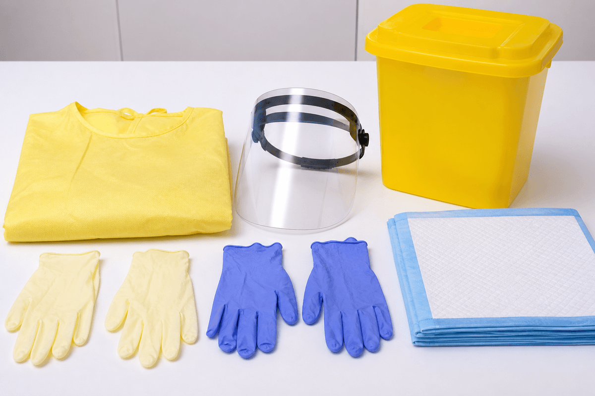 Yellow chemo gown, face shield, chemo gloves, absorbent pads, and yellow hazardous waste container on a clean table.