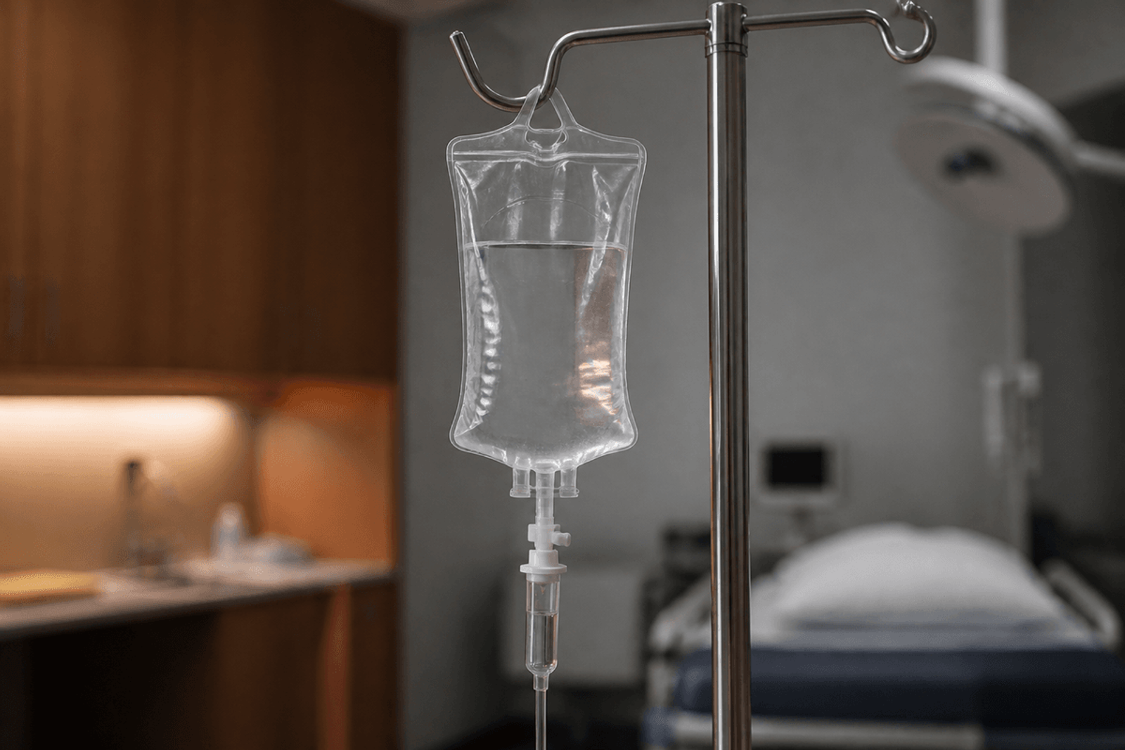 Plain IV oxytocin-style bag hanging on a labor pole.