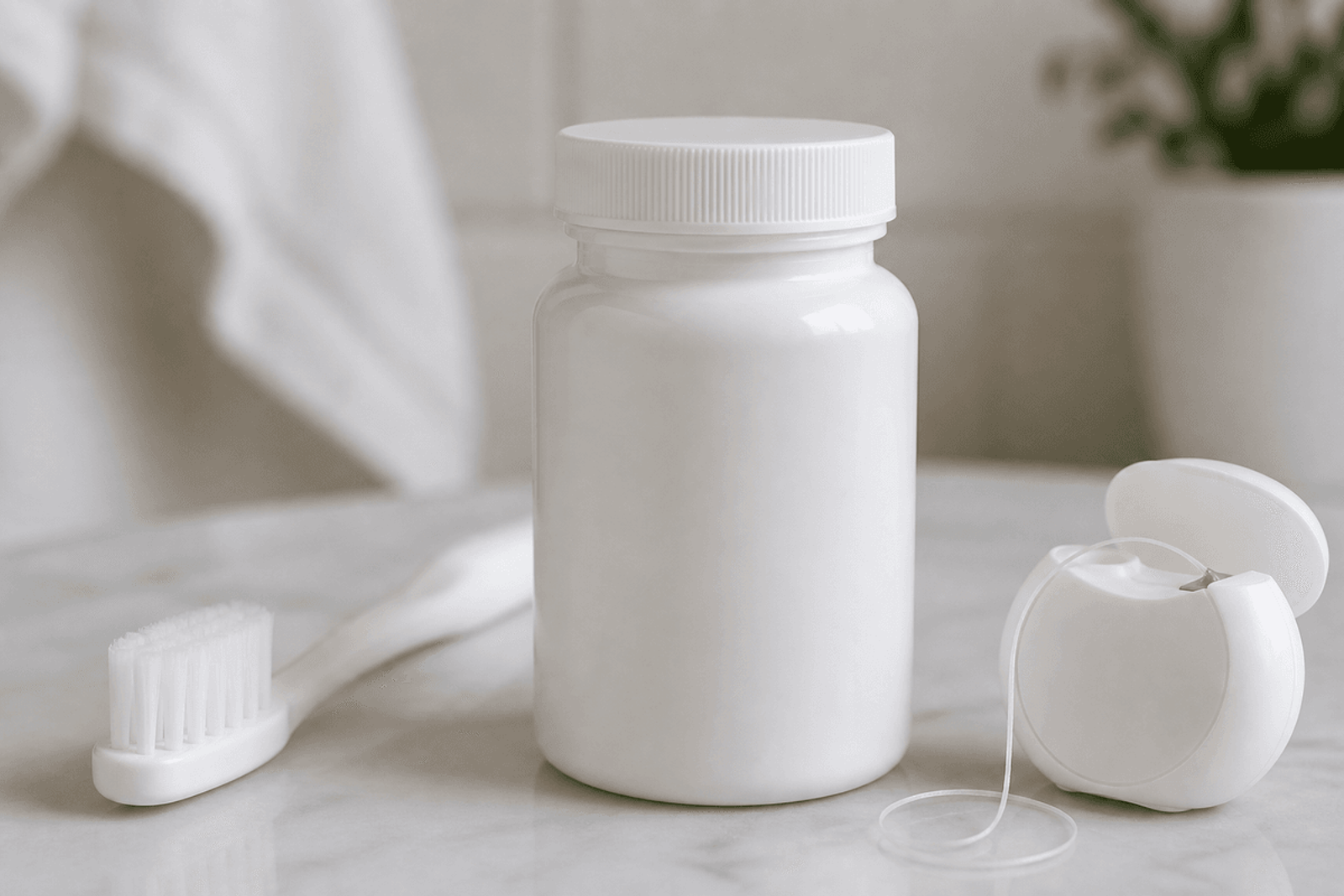 Blank capsule bottle beside a soft toothbrush and floss.