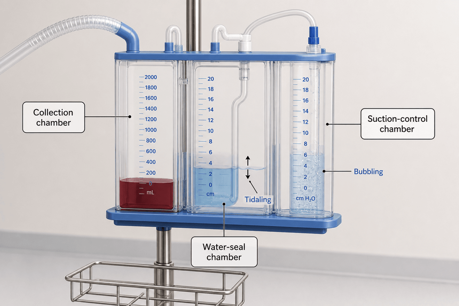 Three-chamber chest drainage unit labeled collection chamber, water-seal chamber, and suction-control chamber.