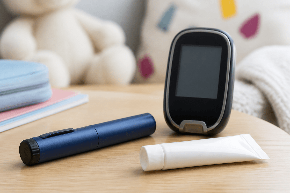 Insulin pen, blank glucometer, and glucose gel tube on a table.