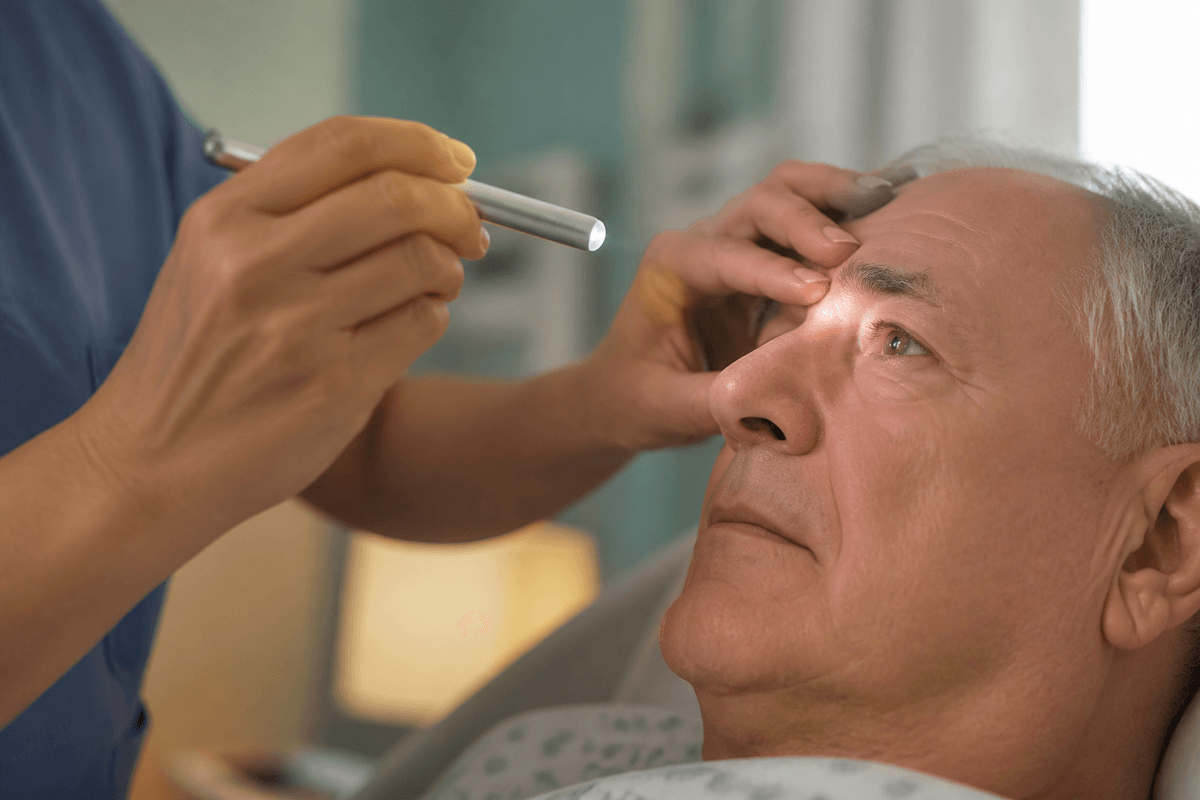 Clinician using a penlight to assess a patient's pupils at the bedside.