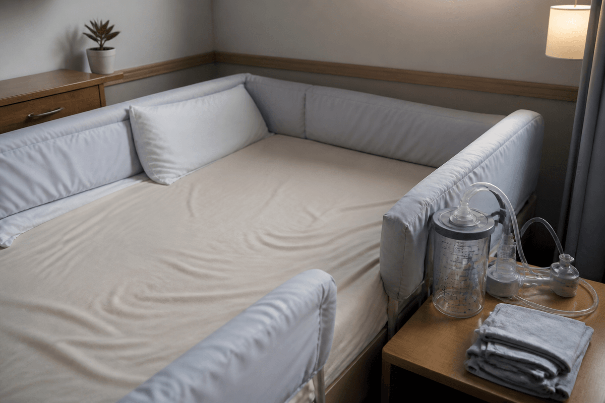 Hospital bed with padded rails and suction staged at the bedside.
