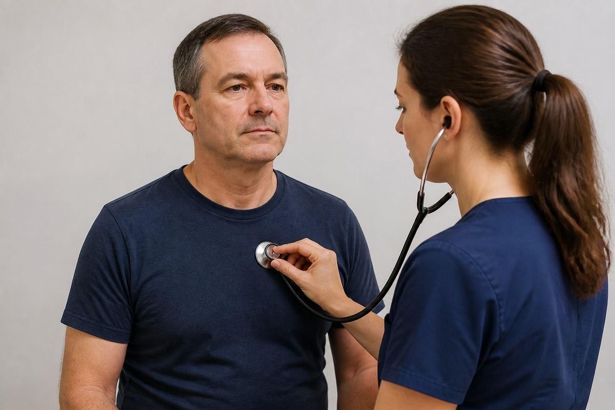 Stethoscope diaphragm on an adult anterior chest during lung auscultation with the client sitting upright.
