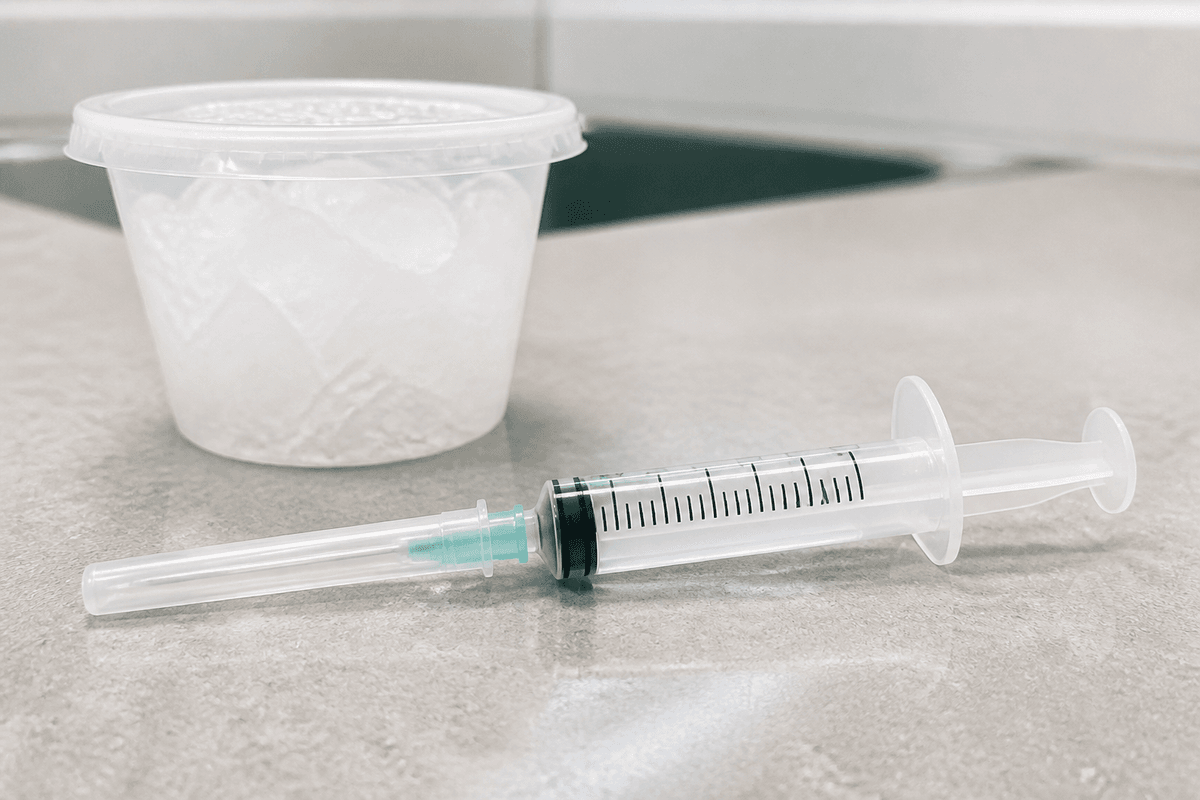 ABG syringe with cap staged beside a cup of ice for transport.