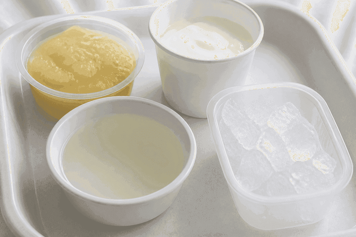 Soft-food tray with applesauce, yogurt, cool liquid, and ice chips.