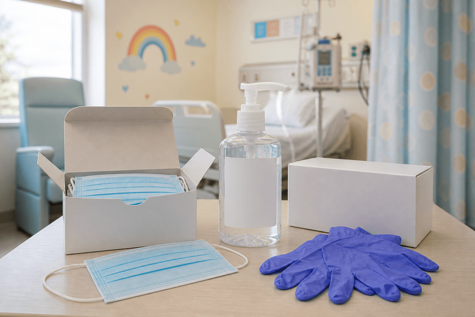 Surgical masks, hand sanitizer, and gloves for protective precautions.