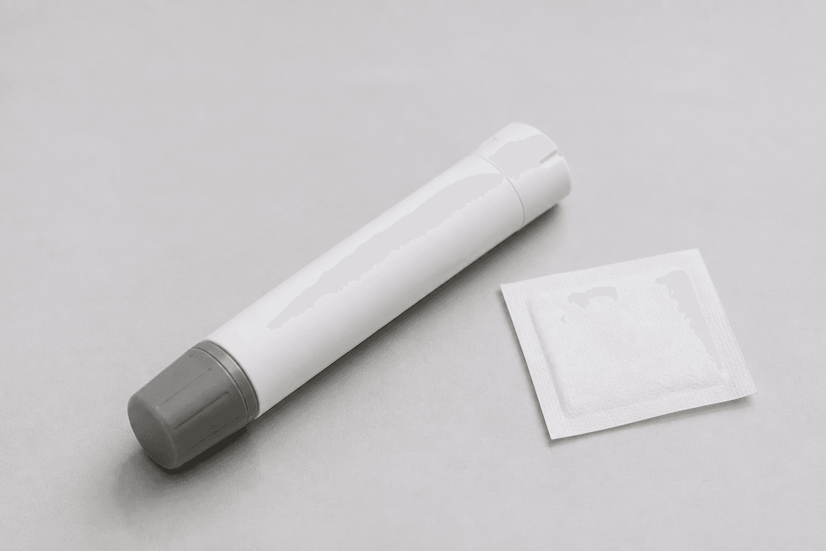 Blank epinephrine auto-injector trainer and alcohol wipe.